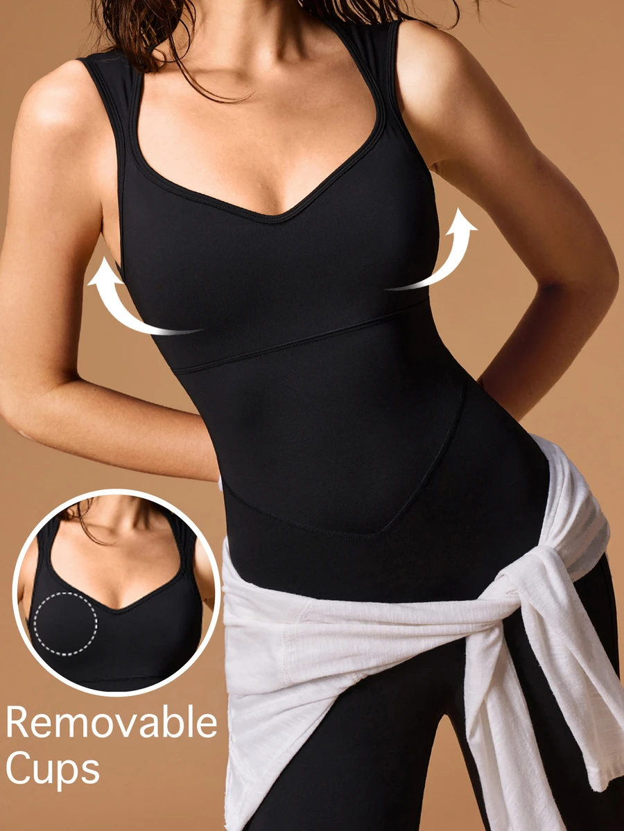 VARSIVA Women Sports Activewear's Back Knot Cutout Design Sleeveless Athletic Sexy Jumpsuit Gym Black Autumn - Black - View 1