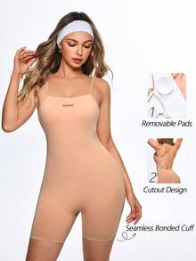 Eassivo Eassivo Women's Apricot Shapewear Unitard For Summer,Athleisure & Pilates,Open Back Spaghetti Strap Bodysuit,Tummy Control,-Lifting,4-Way Stretch Contour - Apricot - View 3