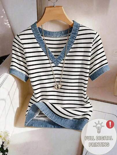 GlowEve Women's V-Neck Denim Effect Patchwork Black And White Checkered Short Sleeve Shirt, Summer Vacation Casual Coastal