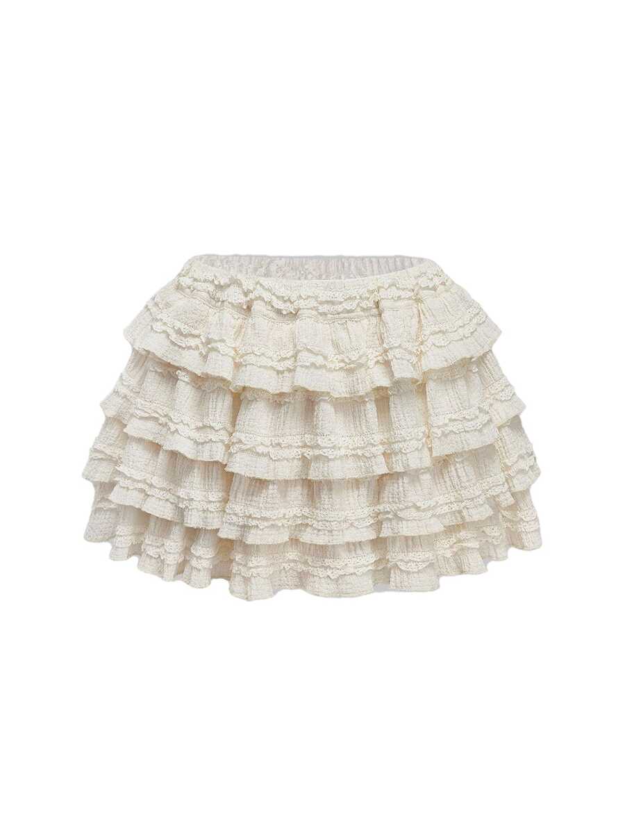 ROMWE Kawaii Cream Textured Fabric Sweet Cake Tiered Waist Mini Skirt, Suitable For Multiple Occasions, Summer For Women - Cream - View 1