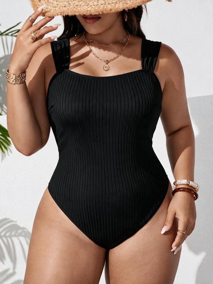 SHEIN Swim 20265 New Summer Beach Vacation Casual Black Solid Color Striped Textured Fabric Plus Size One-Piece Swimsuit - Black - View 1