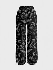 ROMWE Goth Plus Size Moth & Butterfly Dark Punk Cuffed Sweatpants For Music Festival - Black - View 2