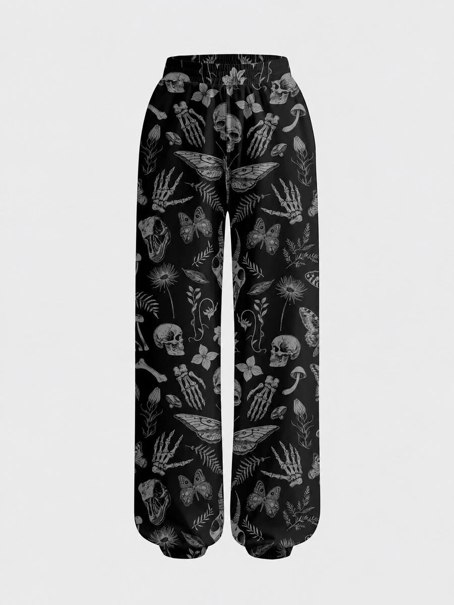 ROMWE Goth Plus Size Moth & Butterfly Dark Punk Cuffed Sweatpants For Music Festival - Black - View 1