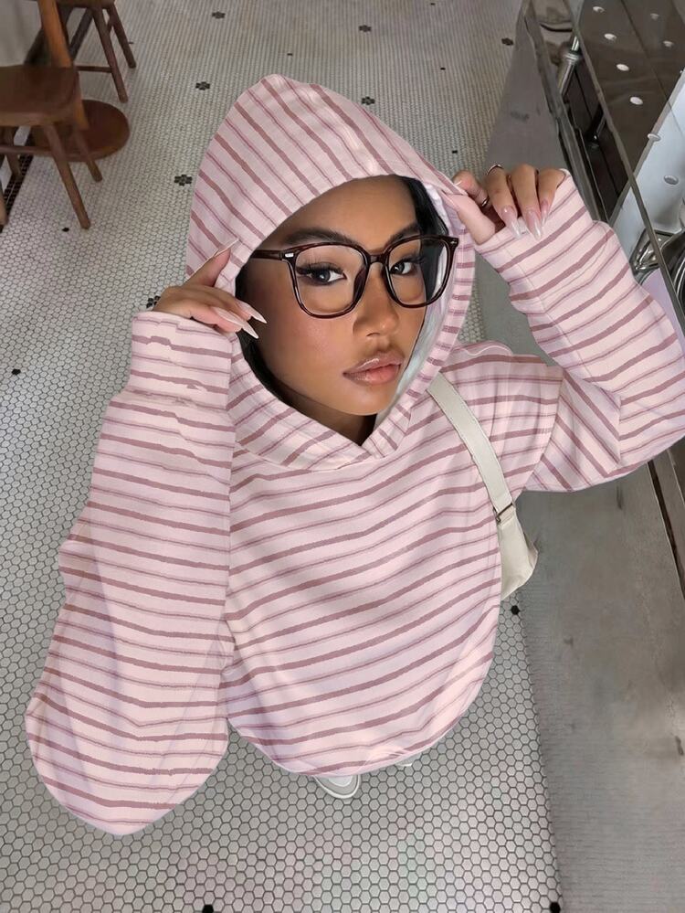 Muchica Casual Minimalist Preppy Style Pink Vintage Striped Print Plus Size Sweatshirt, Suitable For Summer, Summer Top, Suitable For Daily Commute, Dating, Gathering, Autumn/Winter/Summer - Multicolor - View 3