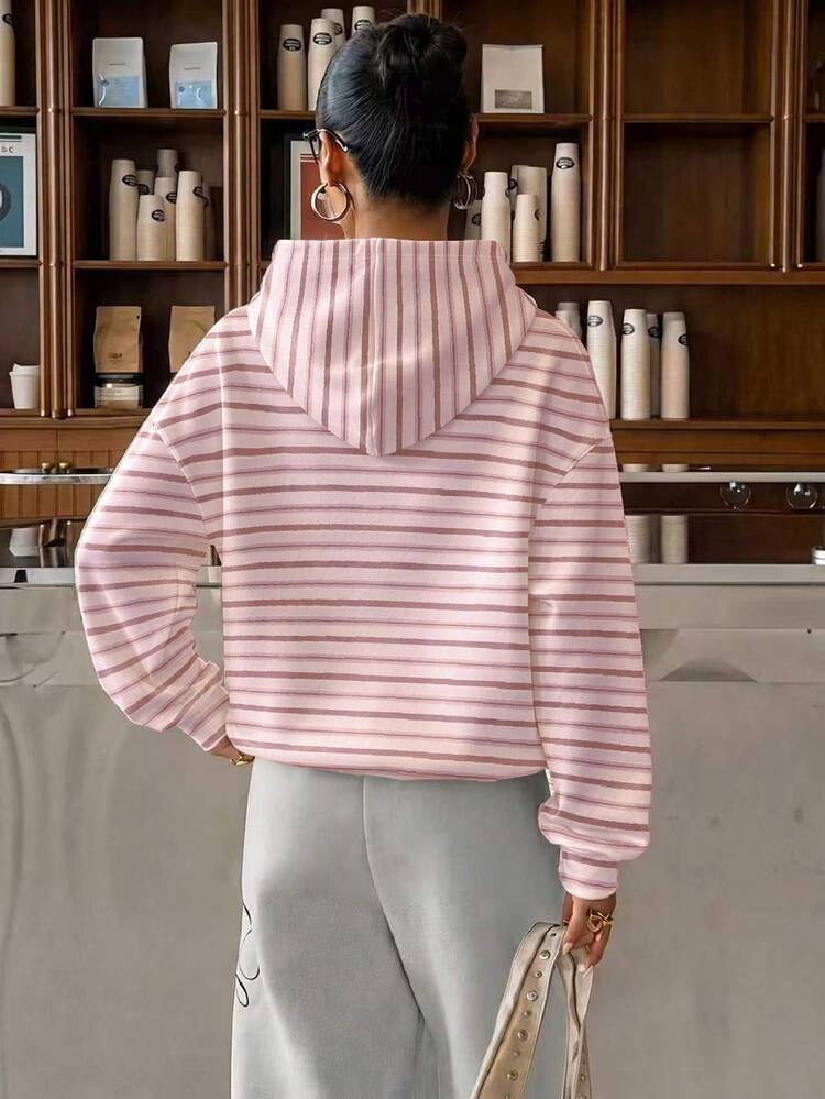 Muchica Casual Minimalist Preppy Style Pink Vintage Striped Print Plus Size Sweatshirt, Suitable For Summer, Summer Top, Suitable For Daily Commute, Dating, Gathering, Autumn/Winter/Summer - Multicolor - View 2