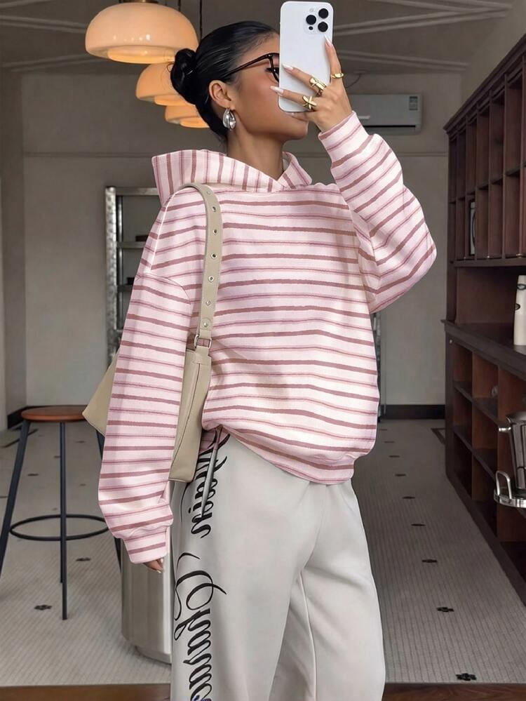 Muchica Casual Minimalist Preppy Style Pink Vintage Striped Print Plus Size Sweatshirt, Suitable For Summer, Summer Top, Suitable For Daily Commute, Dating, Gathering, Autumn/Winter/Summer - Multicolor - View 5