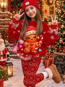 青少年女孩休閒簡約可愛聖誕薑餅人圖案、聖誕費爾島紋圓領衛衣與鬆緊腰長褲套裝，抓絨內裡，適合秋冬，秋季風格，秋季穿搭，秋季套裝，聖誕套裝 - 彩色 - 查看 1