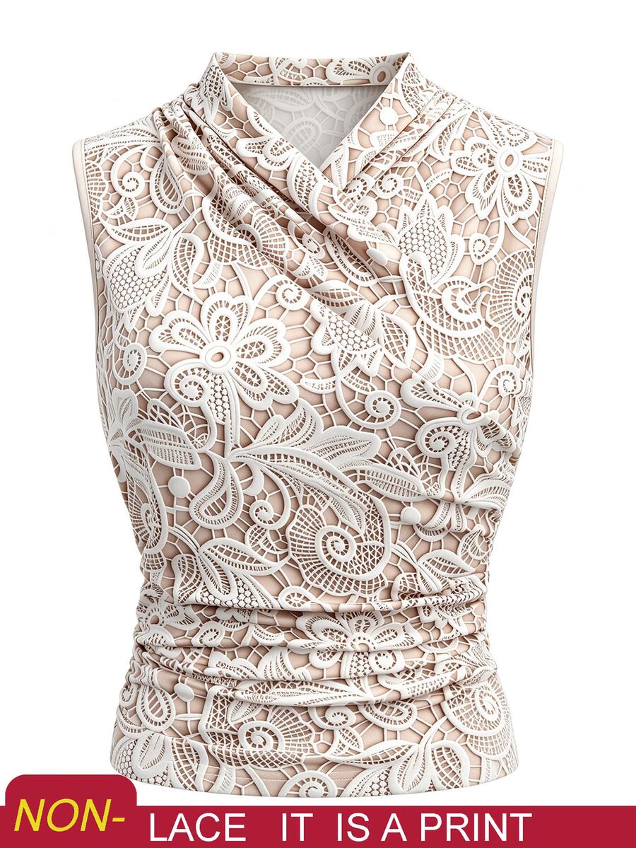 SHEIN LUNE [Printed Design] Spring/Summer New Elegant Romantic Lace Hollow-Out Printed Tank Top, Slim-Fit Versatile Undershirt, Garden Party Bachelorette Party, Wedding Beige - Apricot - View 1