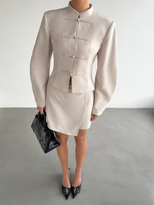 Siren Gaze Women's Autumn/Winter New Frog Button Jacket And Asymmetric Hem Skort Set - Apricot - View 4