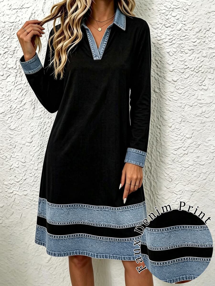 INAWLY Women's Patchwork Denim Effect Print Casual Collared Long Sleeve Dress - Multicolor - View 1