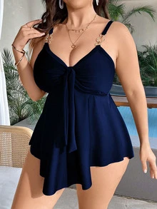 SHEIN Swim Plus Size Women 2pcs/Set Solid Color Spaghetti Strap Tankini, Beach Vacation Casual Swimwear For Summer - Navy Blue - View 8