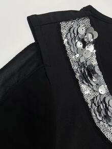 Velvienne V-Neck Sequin Cold Shoulder Long Sleeve Jumpsuit With Flowy Chiffon Overlay Skirt Evening Gown Suitable For Evening Party, Wedding Guest, Cocktail Party, Formal Party - Black - View 3