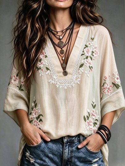 Breezaya Women's Elegant Beige Summer Casual Blouse,V-Neck Batwing Sleeve Striped Print Linen-Inspired Top Fall
