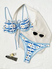 SHEIN Swim 2pcs Tropical Ocean Animal Print Strappy Padded Back Closure Contrast Trim Casual Vacation Bikini Swimwear Set For Women - Multicolor - View 6