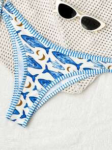 SHEIN Swim 2pcs Tropical Ocean Animal Print Strappy Padded Back Closure Contrast Trim Casual Vacation Bikini Swimwear Set For Women - Multicolor - View 7