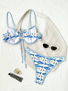 SHEIN Swim 2pcs Tropical Ocean Animal Print Strappy Padded Back Closure Contrast Trim Casual Vacation Bikini Swimwear Set For Women - Multicolor - View 3