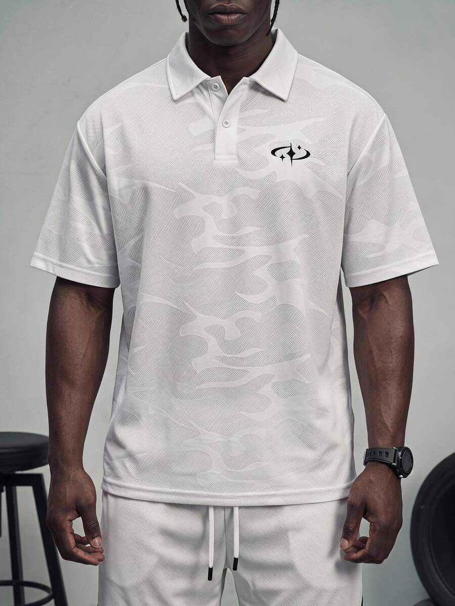 GymRaken Men's Camouflage Print Short Sleeve Sports Polo Shirt, Gym - White - View 1