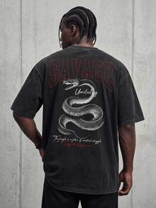 Sport MetroGents Men's Plus Size Letter & Snake Print Short Sleeve Loose Fit Sports T-Shirt - Black - View 1