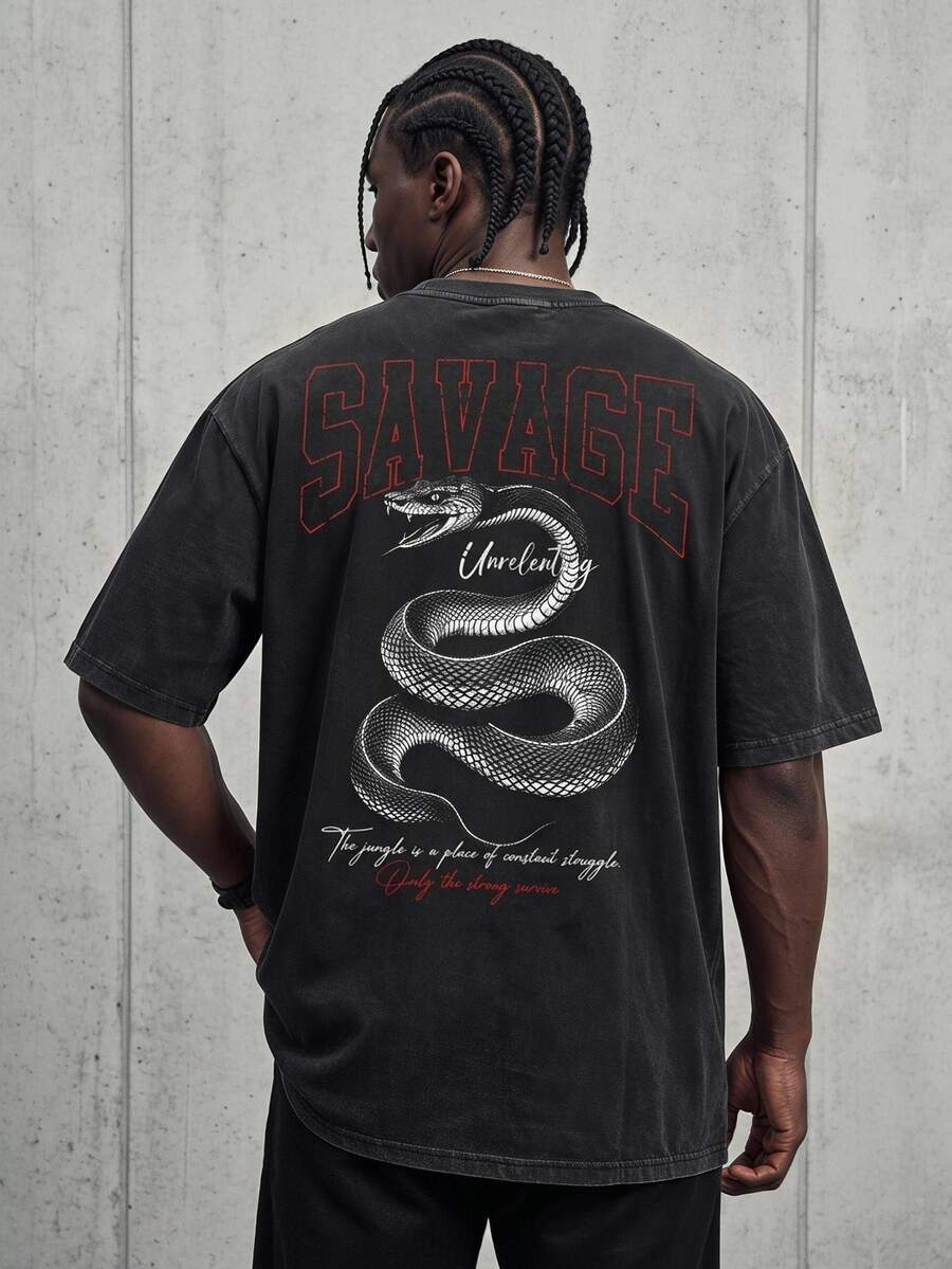 Sport MetroGents Men's Plus Size Letter & Snake Print Short Sleeve Loose Fit Sports T-Shirt - Black - View 1