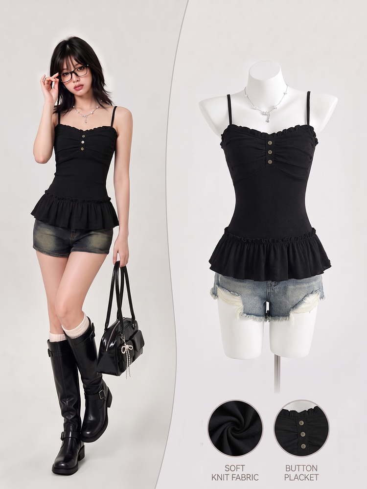 Elamini Women's Casual Camisole Top With Frill Trim And Front Pleats - Black - View 3