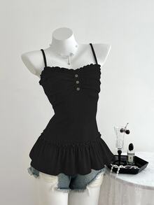 Elamini Women's Casual Camisole Top With Frill Trim And Front Pleats - Black - View 7
