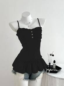 Elamini Women's Casual Camisole Top With Frill Trim And Front Pleats - Black - View 4