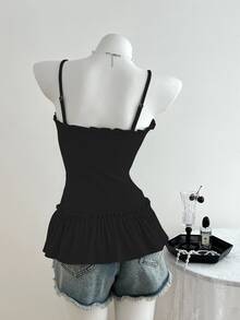 Elamini Women's Casual Camisole Top With Frill Trim And Front Pleats - Black - View 2