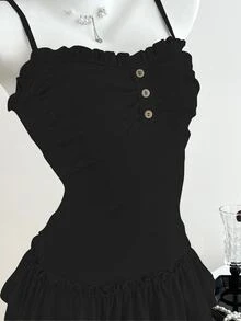 Elamini Women's Casual Camisole Top With Frill Trim And Front Pleats - Black - View 5