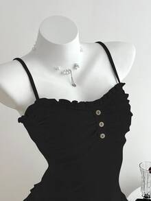 Elamini Women's Casual Camisole Top With Frill Trim And Front Pleats - Black - View 6