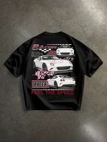 Manfinity ZONE917 Loose Street Japanese Cherry Blossom Sports Car Slogan Print Black Short Sleeve T-Shirt, Suitable For Summer, Gift For Friends - Black - View 5