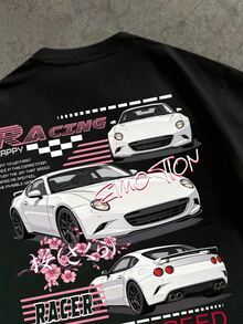 Manfinity ZONE917 Loose Street Japanese Cherry Blossom Sports Car Slogan Print Black Short Sleeve T-Shirt, Suitable For Summer, Gift For Friends - Black - View 2