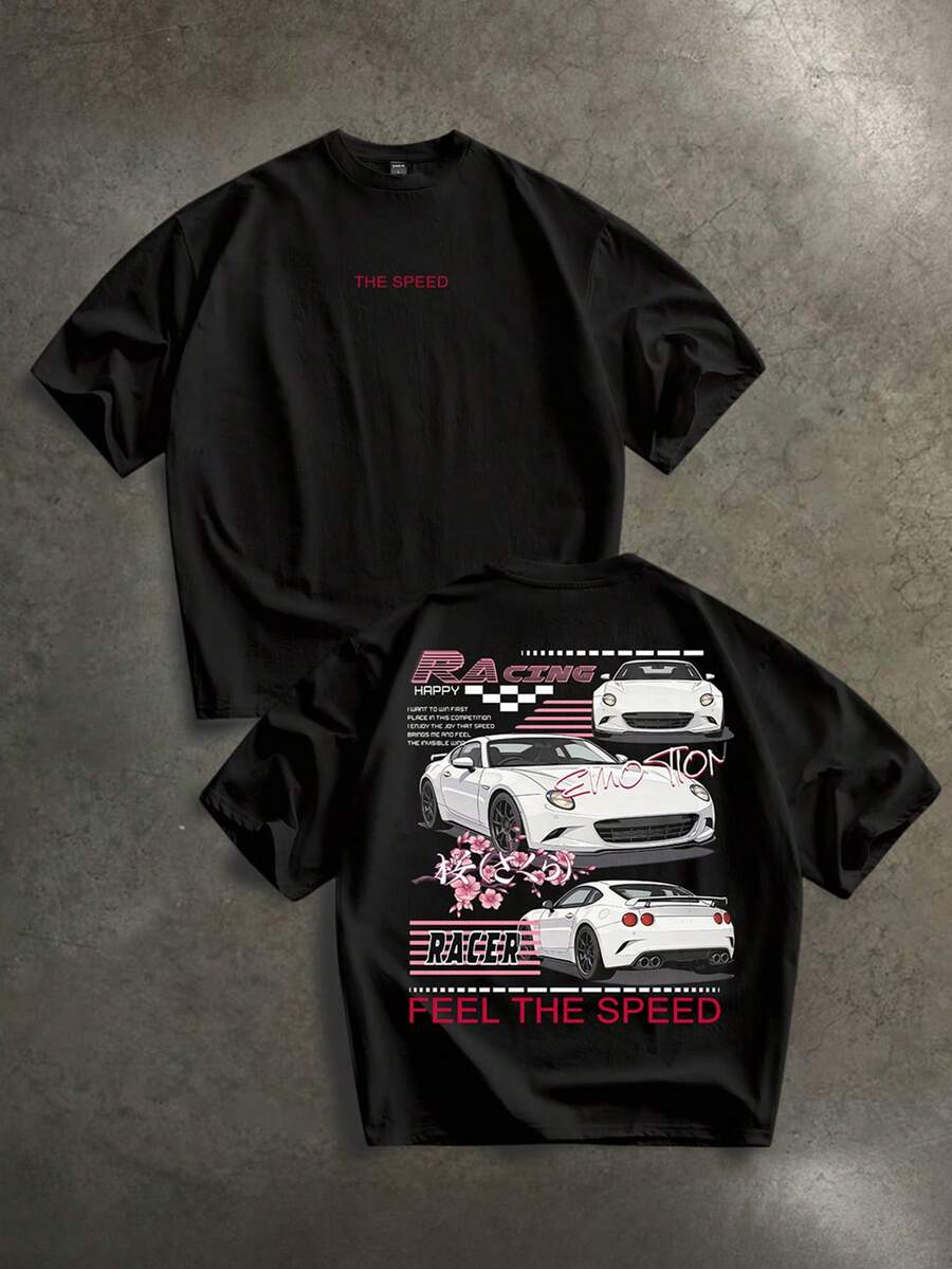 Manfinity ZONE917 Loose Street Japanese Cherry Blossom Sports Car Slogan Print Black Short Sleeve T-Shirt, Suitable For Summer, Gift For Friends - Black - View 1