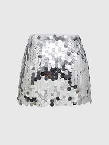 ROMWE Fairycore Women's Summer Solid Color Sequin Party Skirt, Rave Festival, Carnival - Silver - View 2