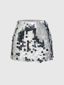 ROMWE Fairycore Women's Summer Solid Color Sequin Party Skirt, Rave Festival, Carnival - Silver - View 1
