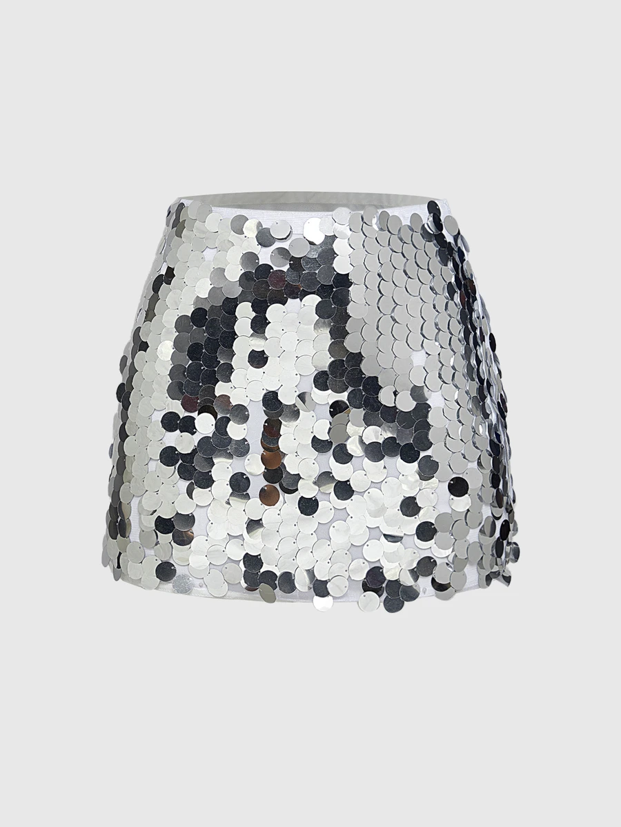 ROMWE Fairycore Women's Summer Solid Color Sequin Party Skirt, Rave Festival, Carnival - Silver - View 1