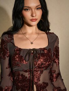 Poéselle 女款深灰色亮片口袋短褲，優雅高腰蕾絲飾邊閃亮派對晚餐約會之夜萬聖節裝扮秋季穿搭 - 咖啡棕 - 查看 10