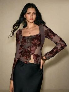 Poéselle 女款深灰色亮片口袋短褲，優雅高腰蕾絲飾邊閃亮派對晚餐約會之夜萬聖節裝扮秋季穿搭 - 咖啡棕 - 查看 5