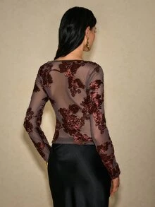 Poéselle 女款深灰色亮片口袋短褲，優雅高腰蕾絲飾邊閃亮派對晚餐約會之夜萬聖節裝扮秋季穿搭 - 咖啡棕 - 查看 11