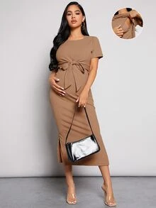SHEIN Maternidad Vestido bajo con abertura con cordón delantero amamantamiento tejido de canalé - Marrón - Ver 1