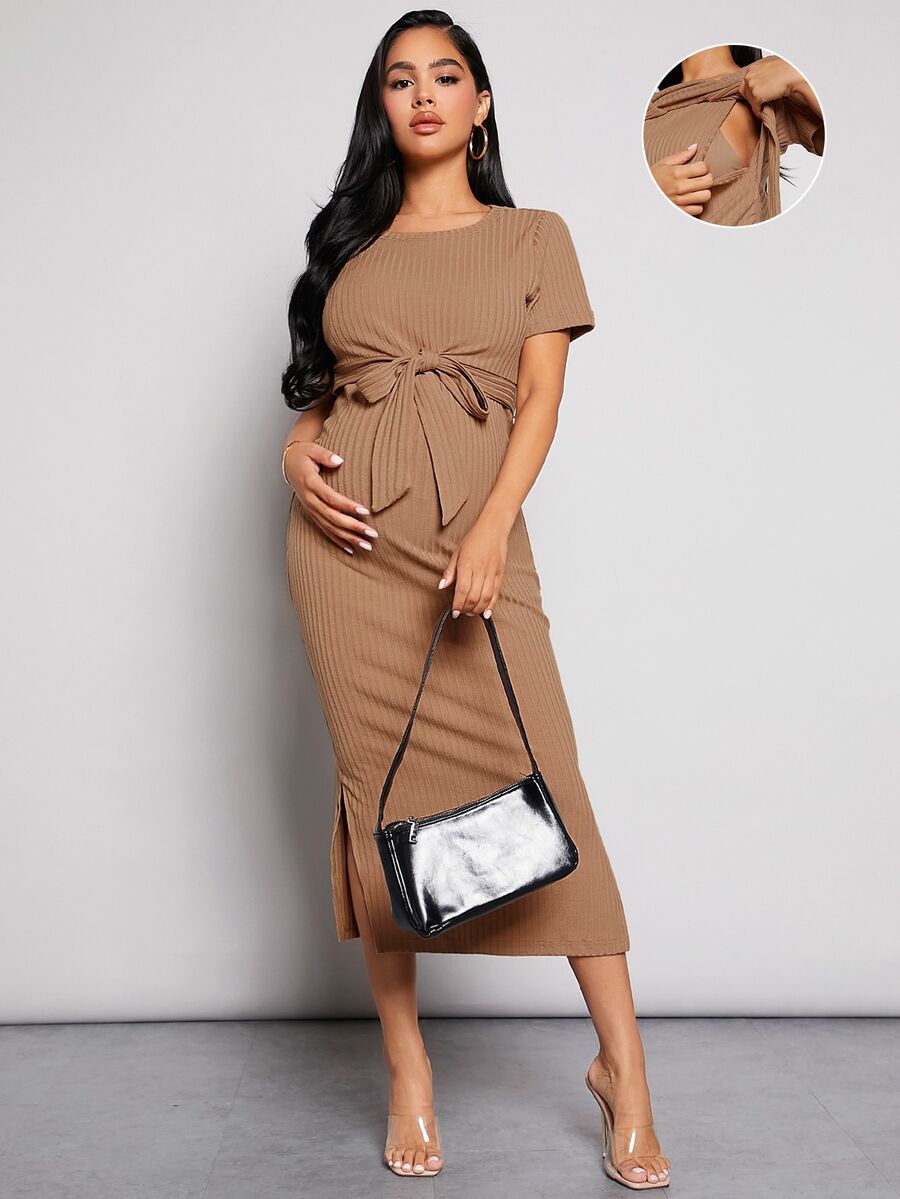 SHEIN Maternidad Vestido bajo con abertura con cordón delantero amamantamiento tejido de canalé - Marrón - Ver 1