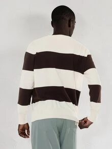 FORM&CHAOS Men's Fall/ Round Neck Blue White Stripe Colorblock Casual Streetwear Sweater Off Campus Teacher Formal - Black and White - View 2