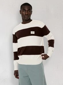 FORM&CHAOS Men's Fall/ Round Neck Blue White Stripe Colorblock Casual Streetwear Sweater Off Campus Teacher Formal - Black and White - View 7