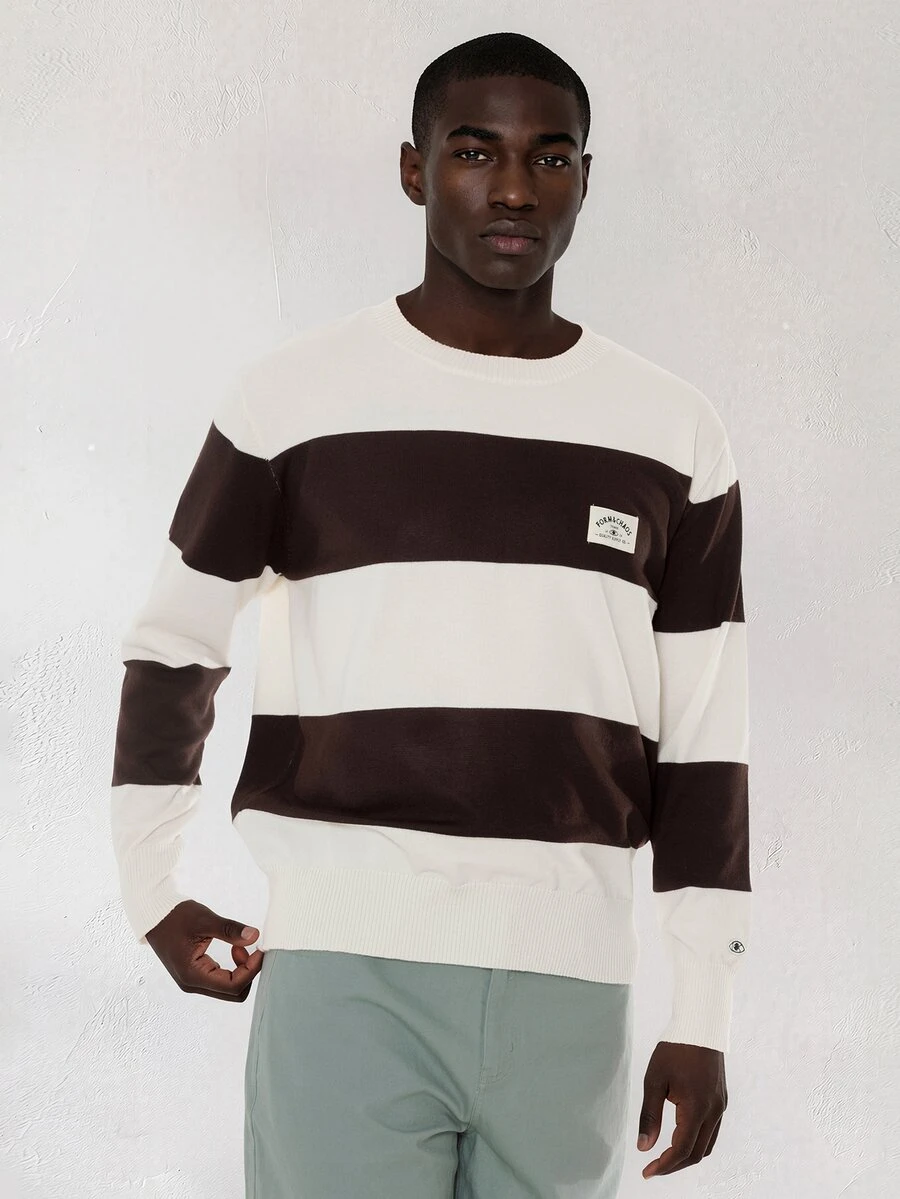 FORM&CHAOS Men's Fall/ Round Neck Blue White Stripe Colorblock Casual Streetwear Sweater Off Campus Teacher Formal - Black and White - View 1