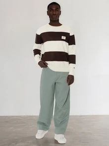 FORM&CHAOS Men's Fall/ Round Neck Blue White Stripe Colorblock Casual Streetwear Sweater Off Campus Teacher Formal - Black and White - View 6