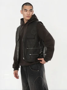 FORM&CHAOS Men's Black Workwear Going Out Party Leather Zipper Vest Fall Streetwear - Black - View 1