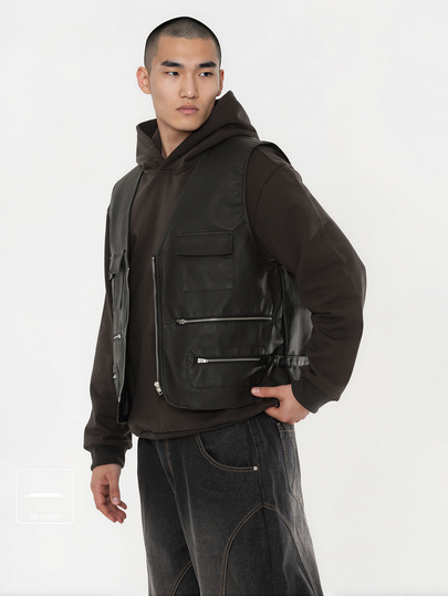 FORM&CHAOS Men's Black Workwear Going Out Party Leather Zipper Vest Fall Streetwear