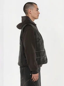FORM&CHAOS Men's Black Workwear Going Out Party Leather Zipper Vest Fall Streetwear - Black - View 4