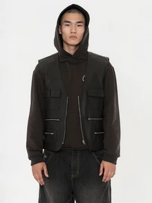 FORM&CHAOS Men's Black Workwear Going Out Party Leather Zipper Vest Fall Streetwear - Black - View 3