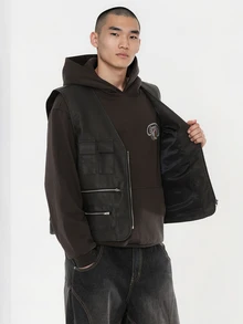FORM&CHAOS Men's Black Workwear Going Out Party Leather Zipper Vest Fall Streetwear - Black - View 6
