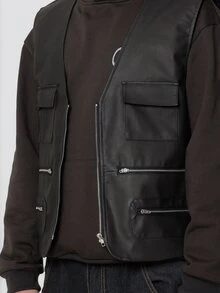 FORM&CHAOS Men's Black Workwear Going Out Party Leather Zipper Vest Fall Streetwear - Black - View 5